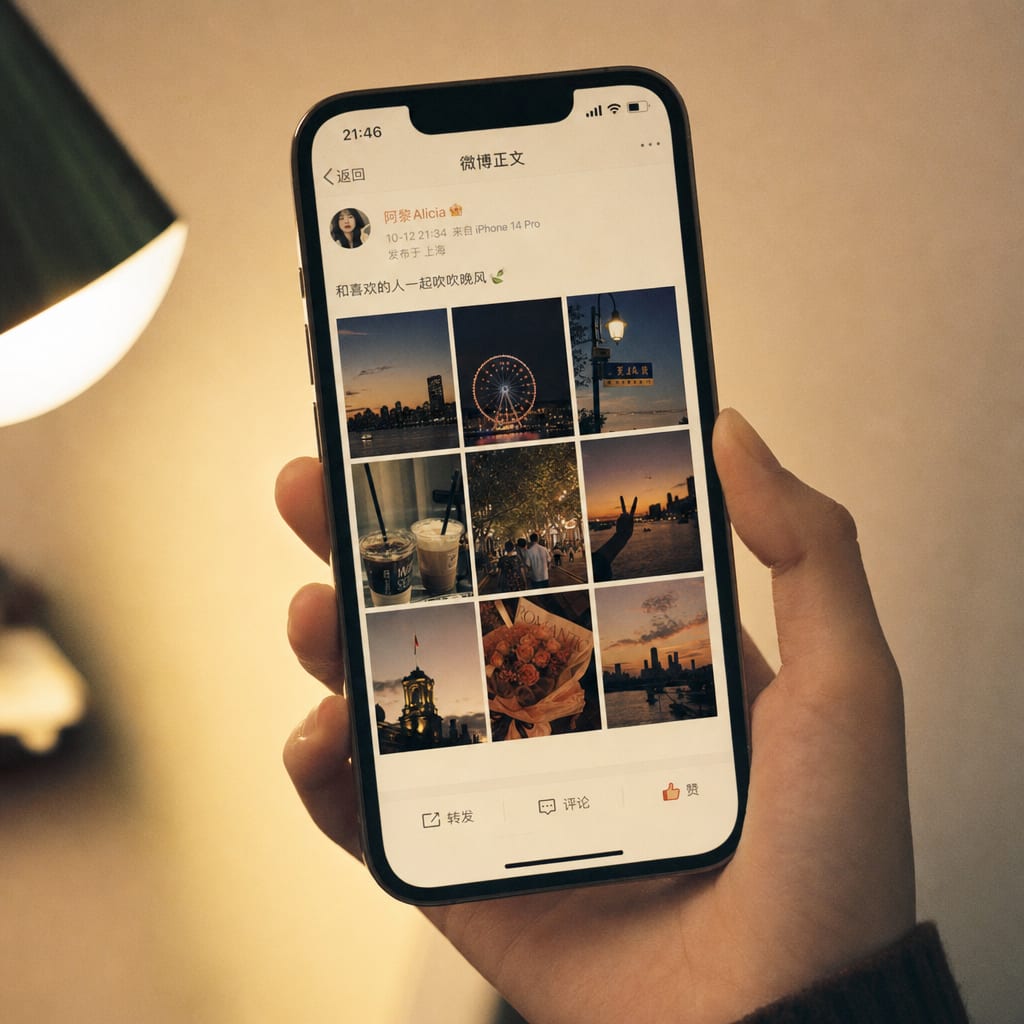 A close cinematic detail of a hand holding a phone vertically against a soft cream background, the screen filled with a Weibo feed post showing a profile avatar, a caption and a nine-image grid.