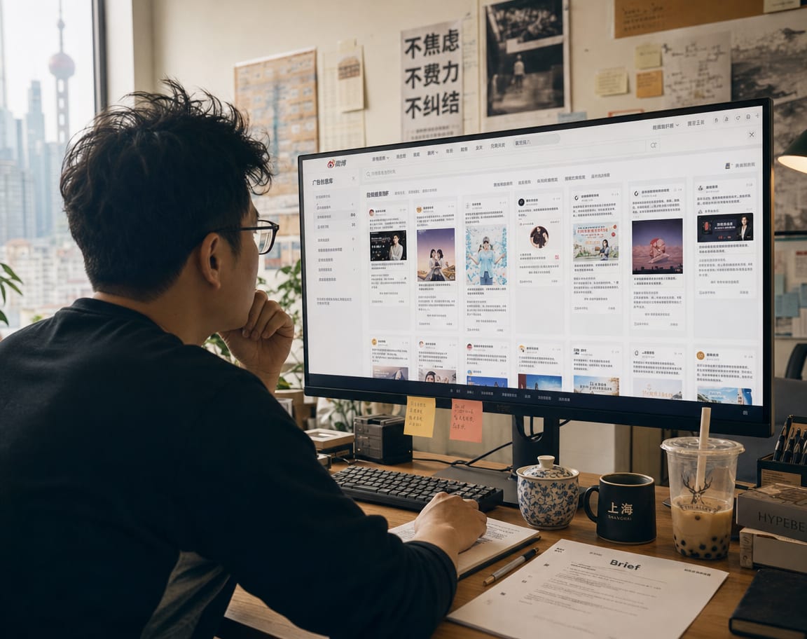 A producer at a wide reference monitor showing the Weibo advertising creative library, four columns of Weibo ad variants tagged Content, Ads, Topic and Avatar.
