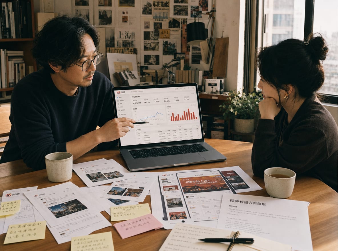A creative director and a brand lead at a studio table, a laptop between them showing the Weibo advertising dashboard alongside printed Weibo feed posts and a topic-page mock.