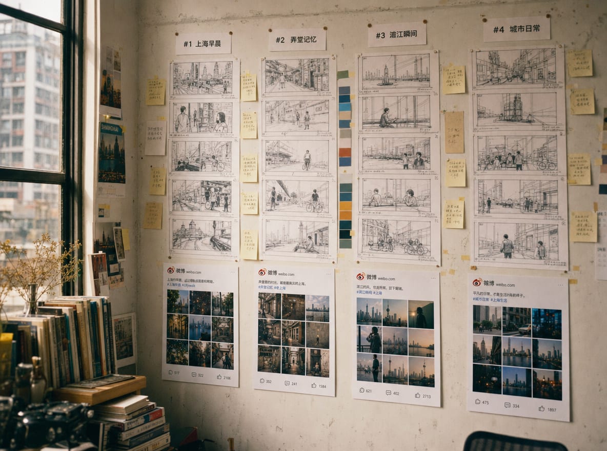 A storyboard wall with four columns of frame sketches labeled Content, Ads, Topic and Avatar, each column anchored by a printed Weibo phone mock.
