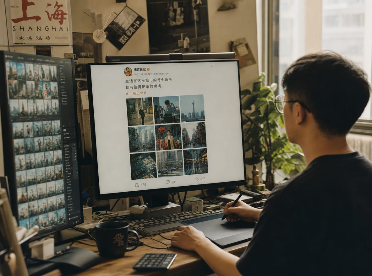 A motion designer at a calibrated workstation, the main monitor showing a single Weibo nine-image grid post, the side panel showing the Weibo advertising creative library grid of variants.