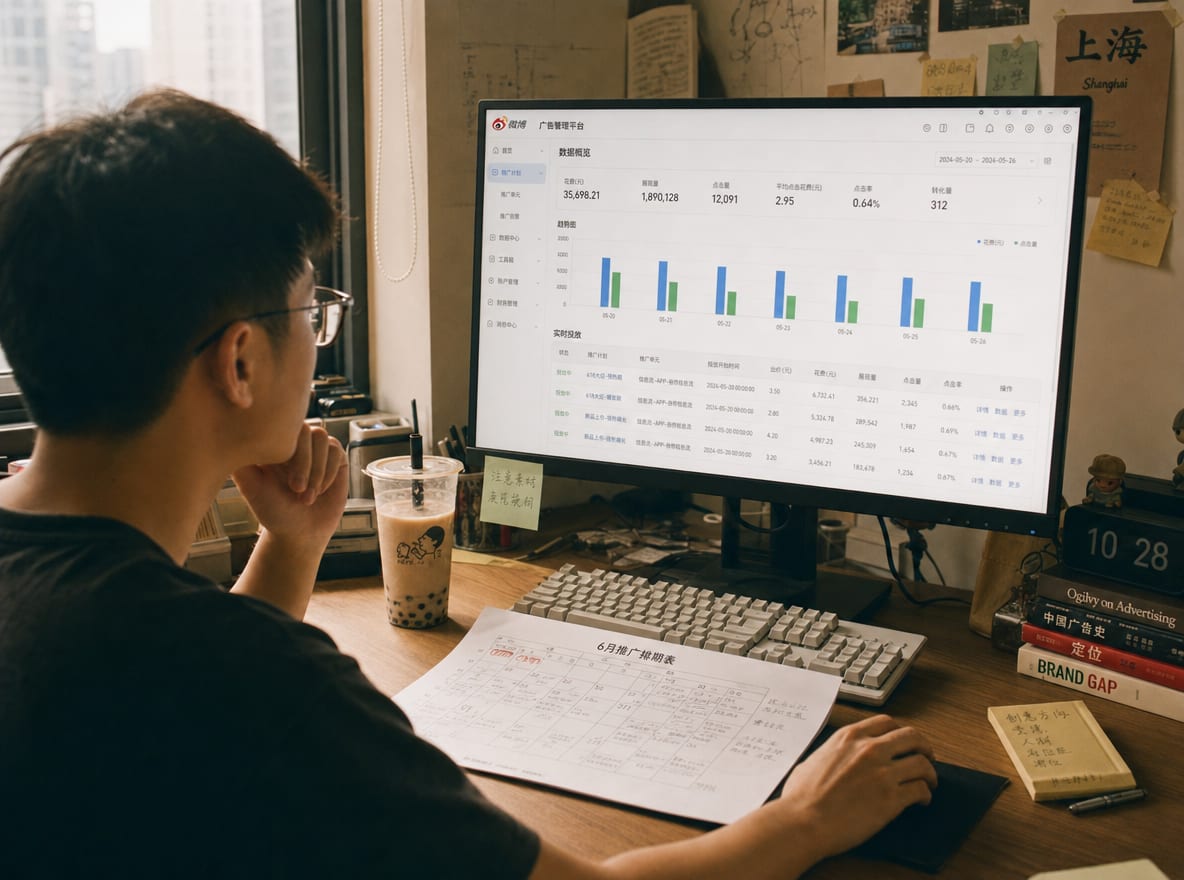 A media buyer at a daylit studio desk, the calibrated monitor showing the Weibo advertising campaign dashboard with Fan Tong placements live.