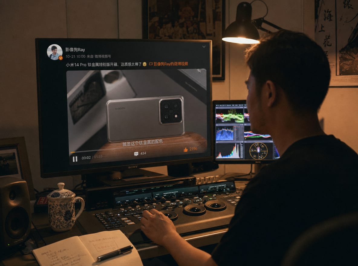 A colorist at a calibrated grading suite, the main reference monitor showing a warm Weibo video frame paused on a product still, the Weibo interface elements visible at the screen edges.