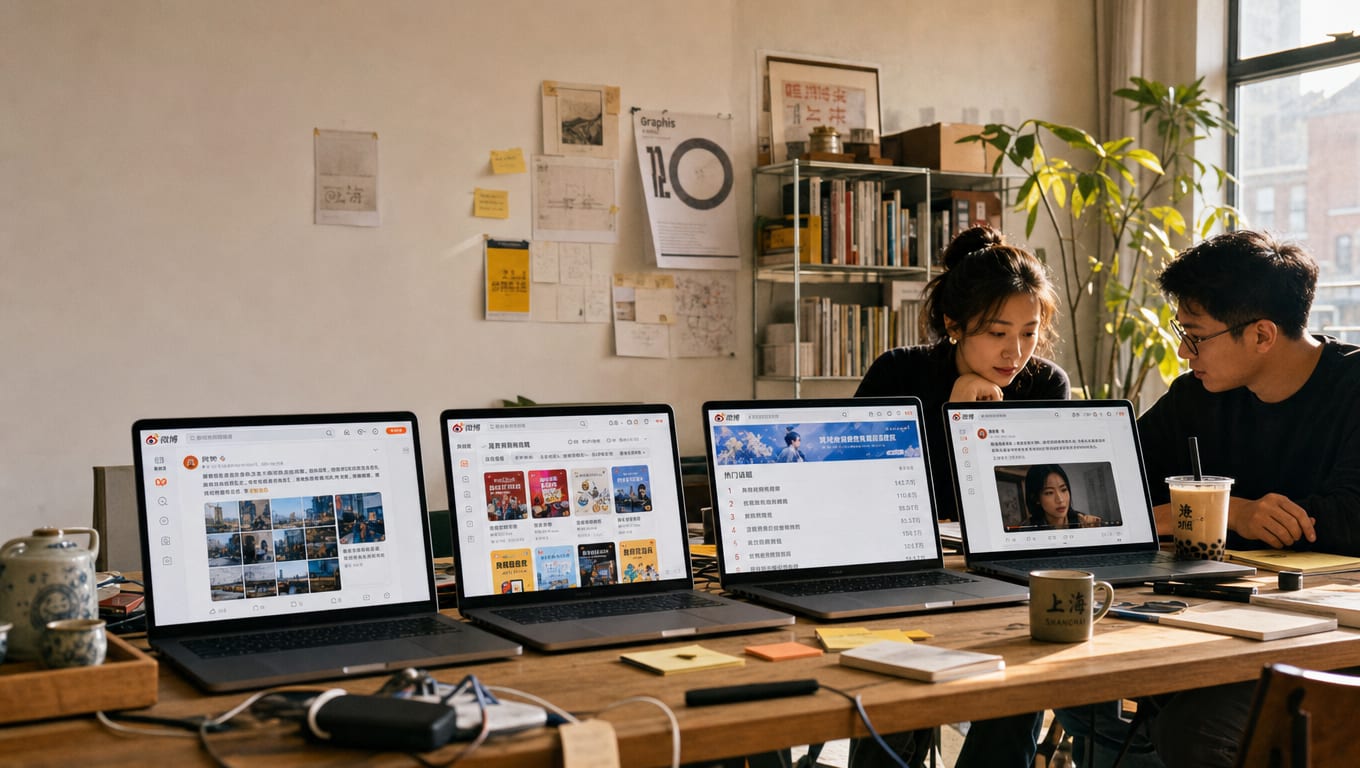 A wide editorial shot of two designers at a daylit studio table, four laptop screens lined up showing a Weibo feed post, the Weibo advertising creative library, a Weibo topic page and a Weibo video post, one per service lane.