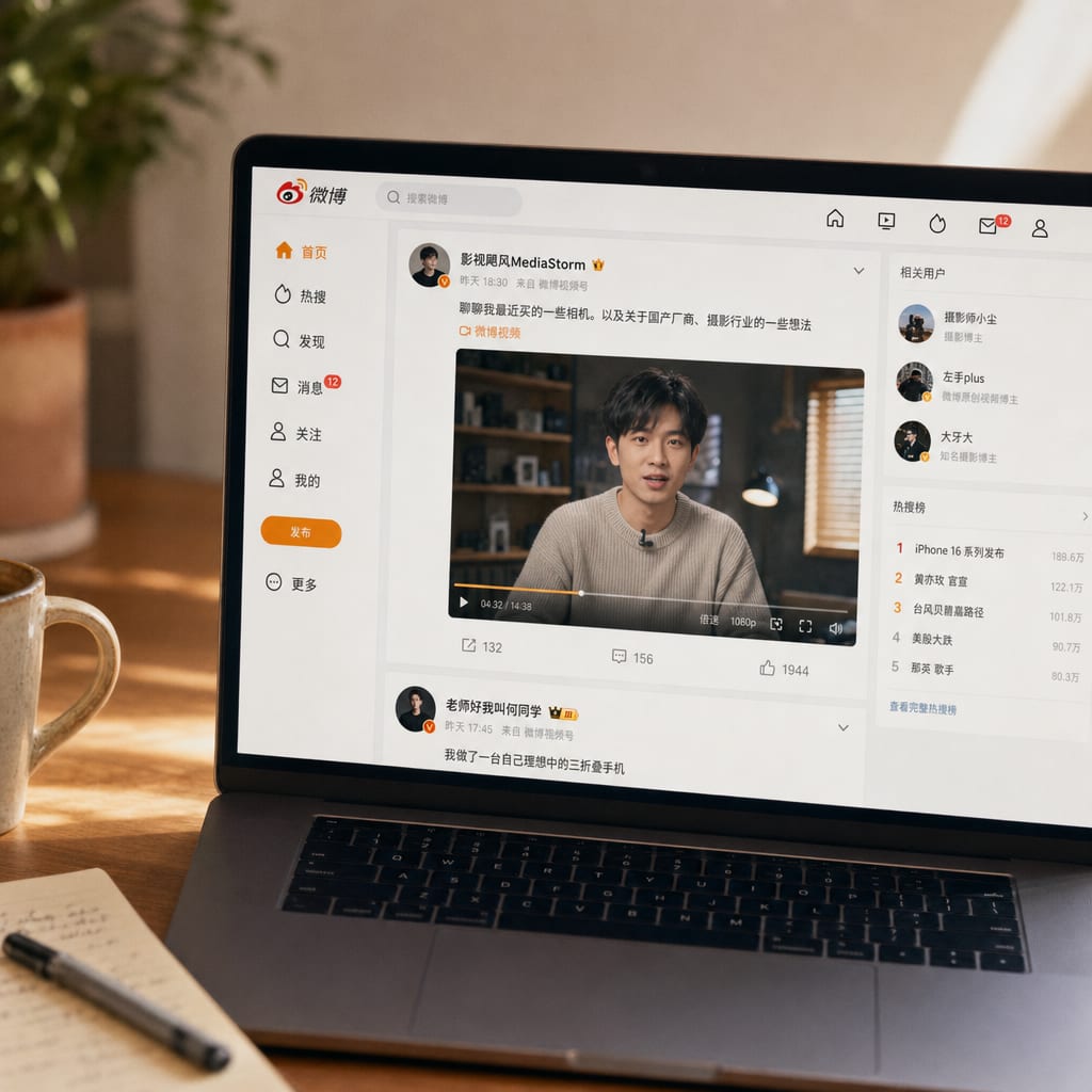 A phone screen showing a Weibo video post, an AI avatar presenter speaking to camera inside the post card, the video scrubber and the repost, comment and like row visible in the interface.