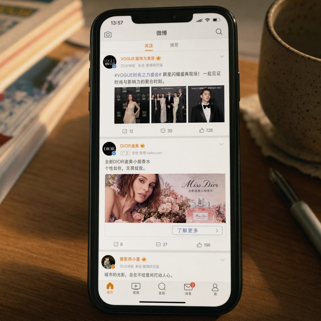 A phone screen showing the Weibo timeline, a sponsored brand post with a wide image, a small gray promoted label under the advertiser name and a call-to-action button along the lower edge of the card.