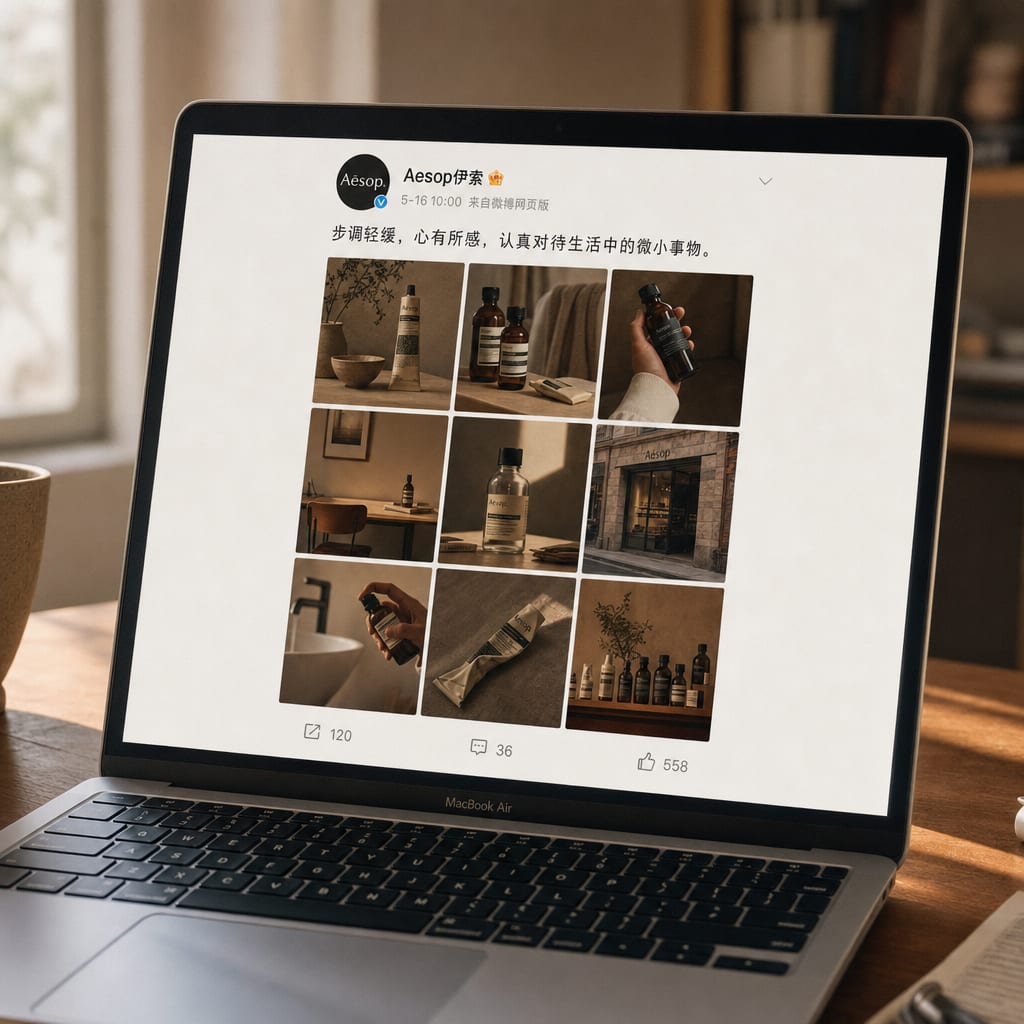A vertical phone held in soft window light, the screen showing a Weibo feed post with a circular profile avatar, a short caption line and a nine-image grid of warm editorial frames above the repost, comment and like row.