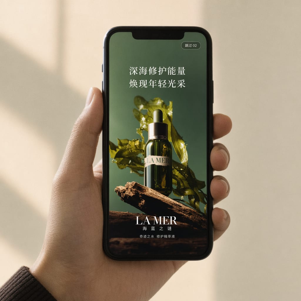 A phone held vertically, the screen filled by a Weibo open-screen splash ad, a single bold brand image with a small skip-countdown button in the top corner of the interface.