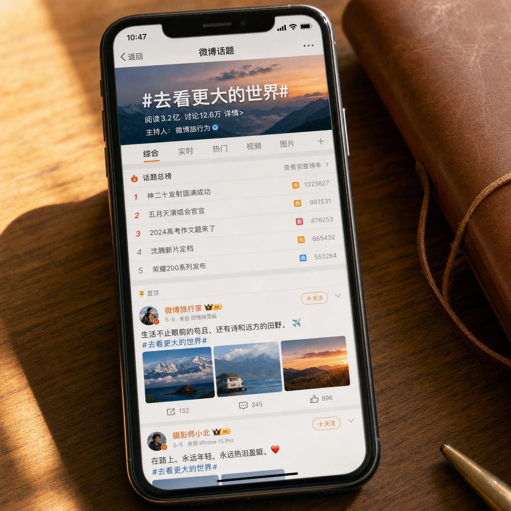 A phone screen showing a Weibo topic page, a wide banner header with a hashtag title and a follower count above a ranked trending list and a feed of post cards.