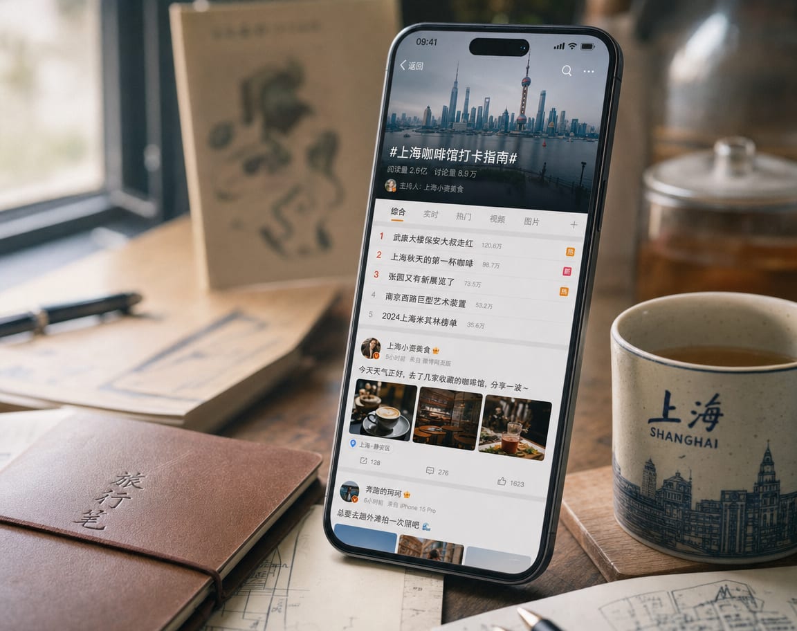 A phone screen showing a Weibo topic page, a wide banner header with a hashtag title and a follower count, a ranked Hot Search list along the side and a feed of posts running down the page.