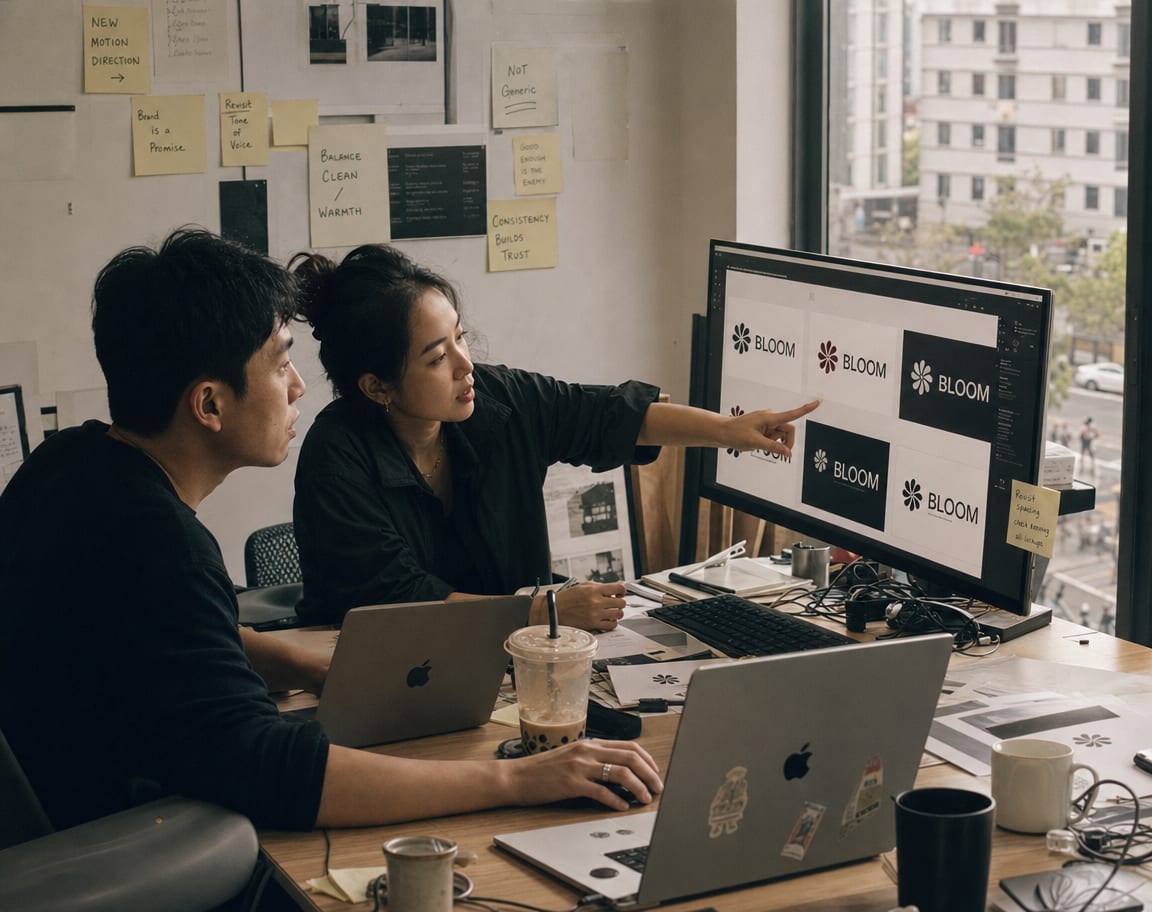 A documentary frame of a hybrid creative-technical pair reviewing brand variations on a large monitor inside the hubStudio Shanghai floor, warm shadow grade.