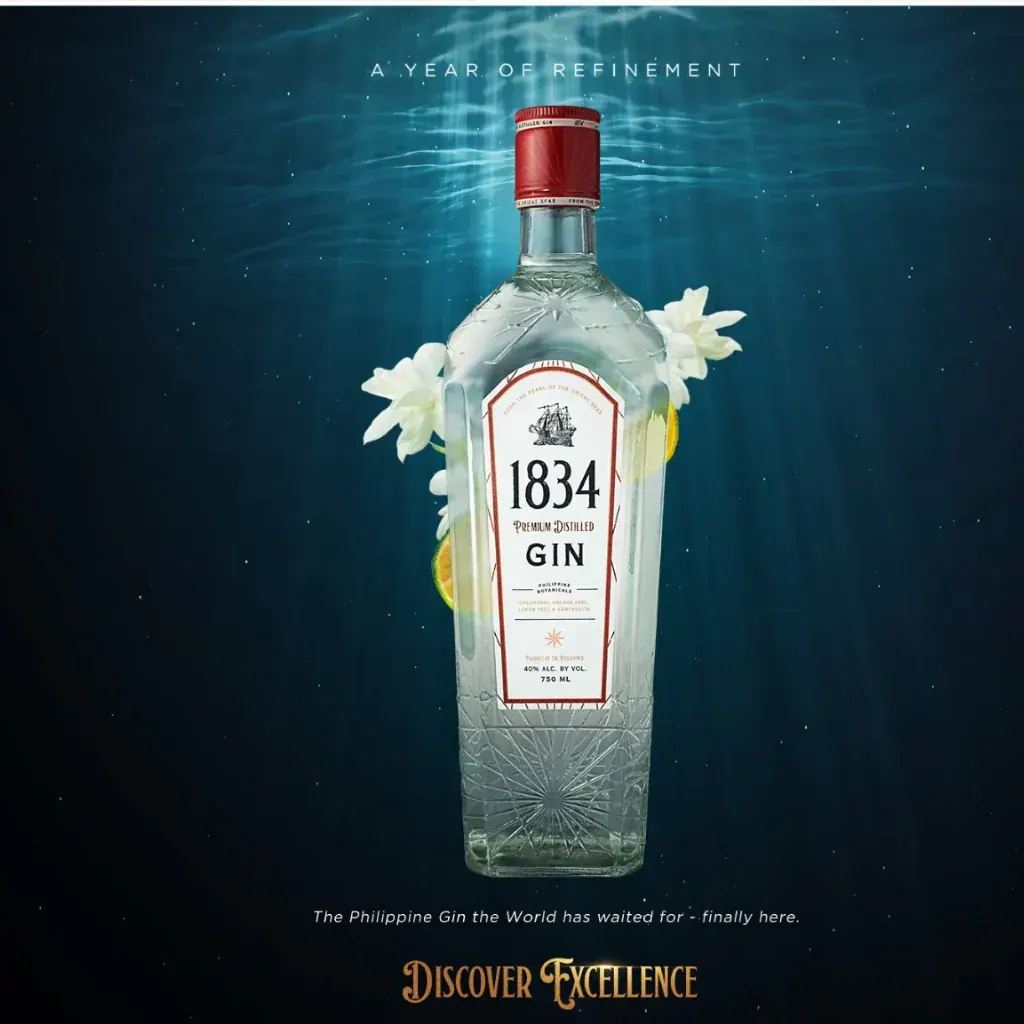 A cinematic frame from the 1834 Gin brand film, a premium bottle lit against an atmospheric tropical environment.
