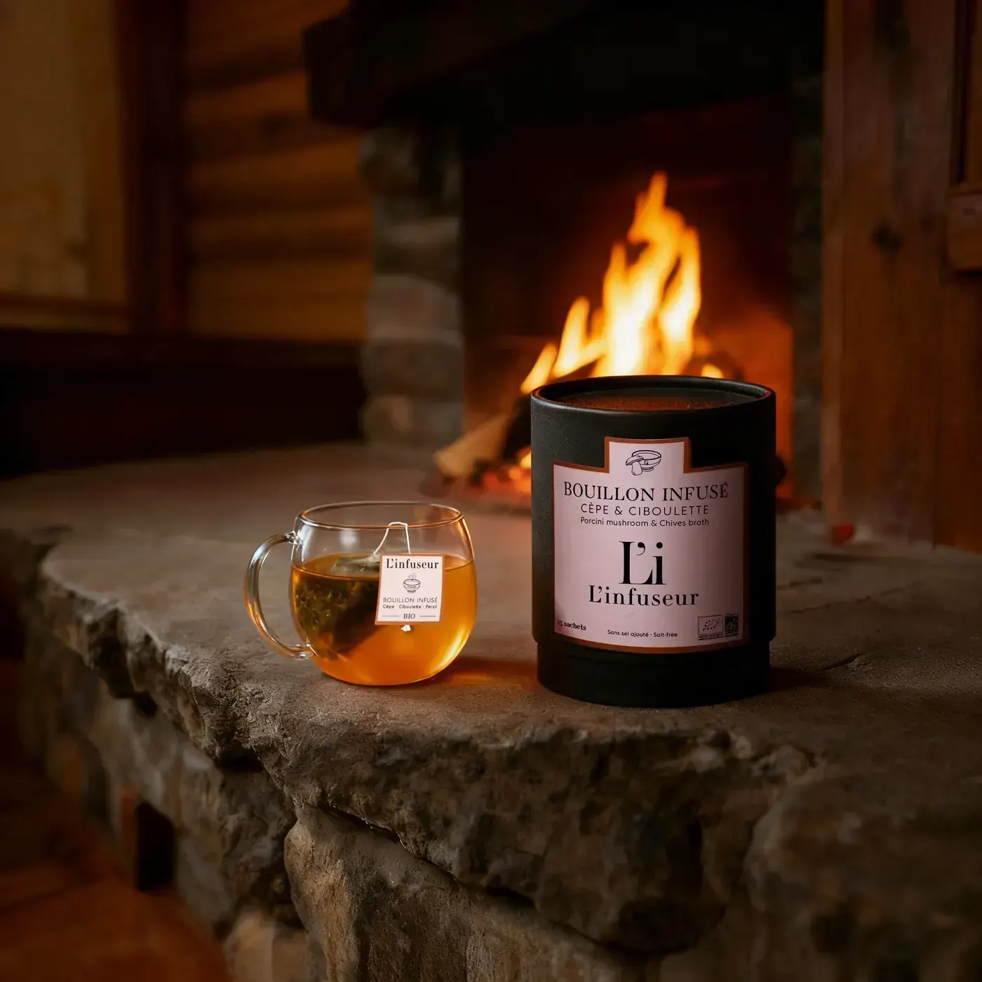 A L'infuseur tea moment styled as an indoor wellness scene.