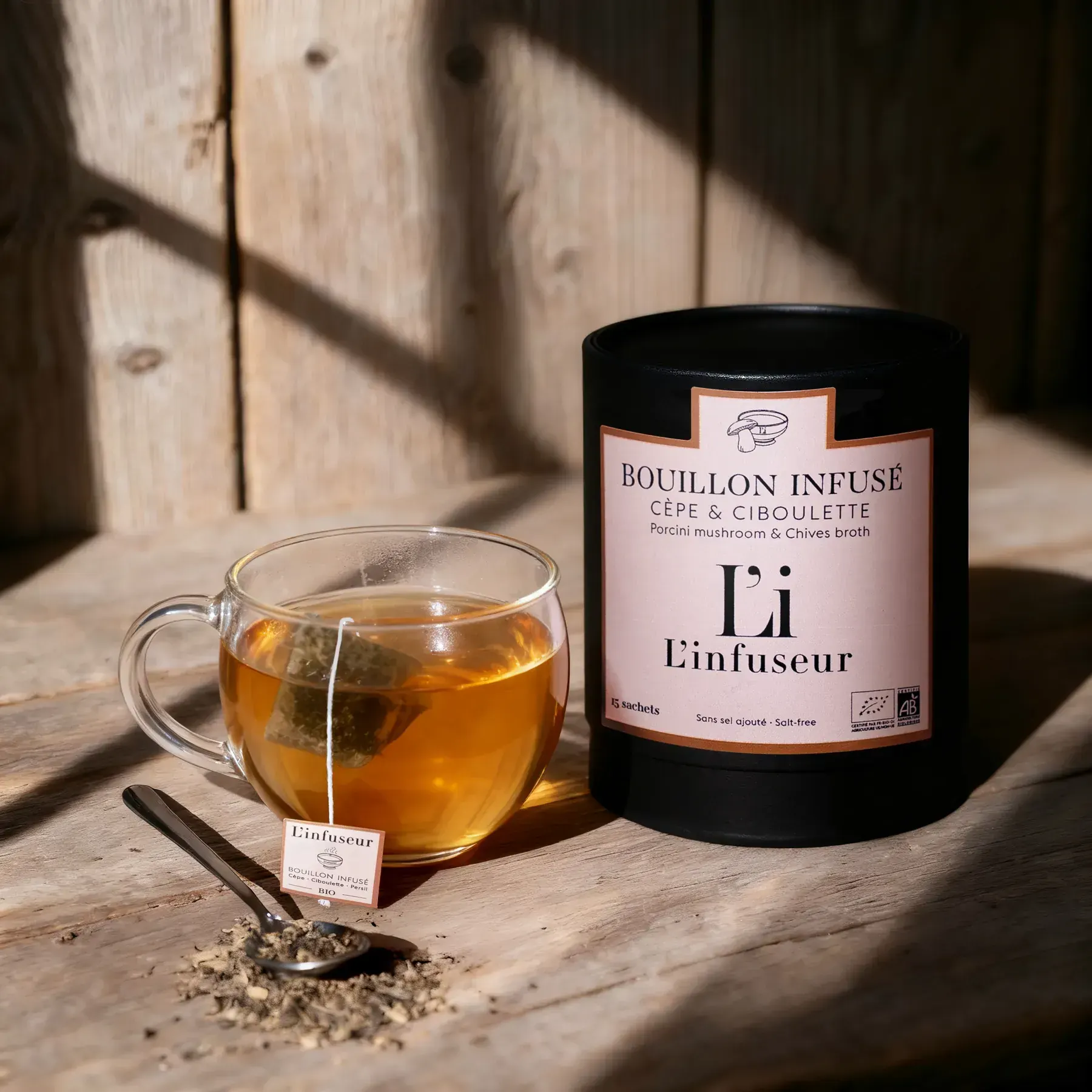 A L'infuseur tea product styled in a refined French interior with soft natural light.