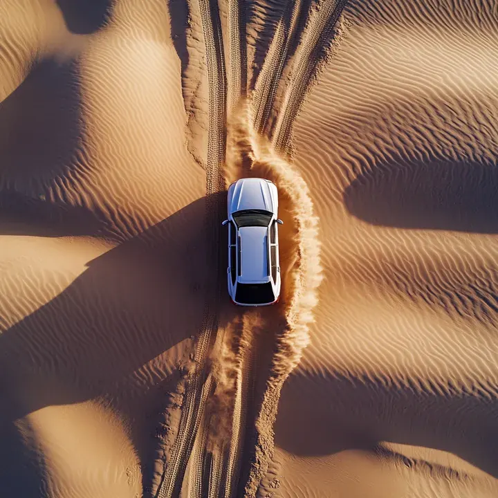 A premium SUV staged in a dramatic desert dune landscape under golden-hour light.