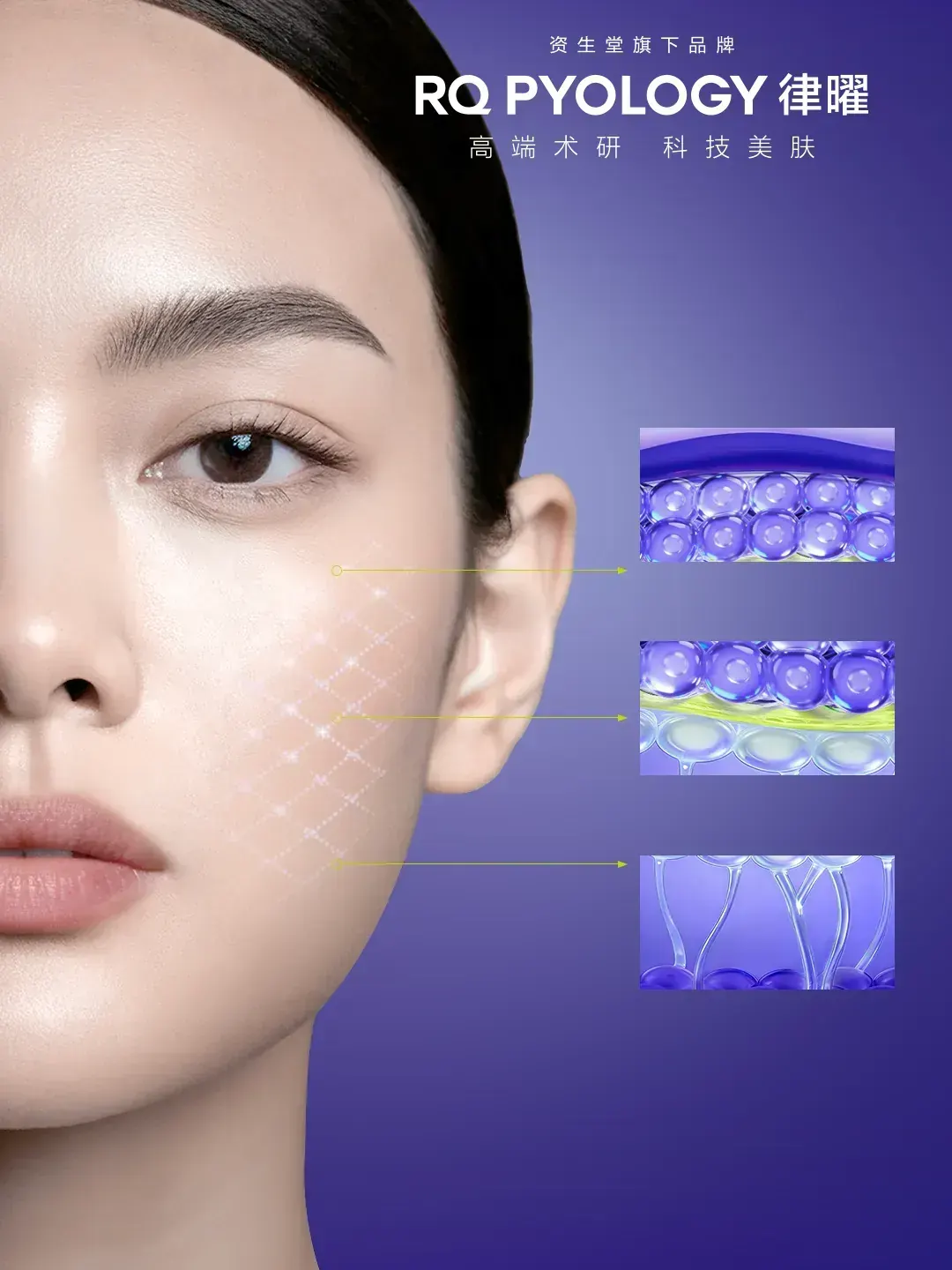 An RQ PYOLOGY model-driven beauty visual, lit to read as clinical and aspirational at once.